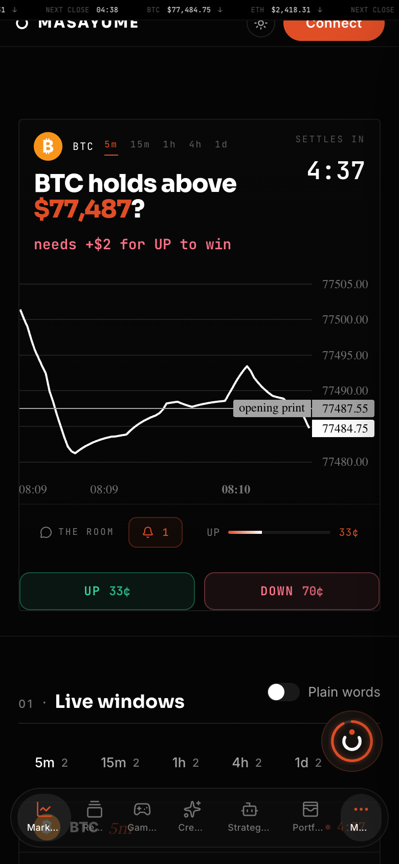 Masayume on a phone: a Bitcoin Window with the live price, the time left, the Up and Down calls, and the stake.