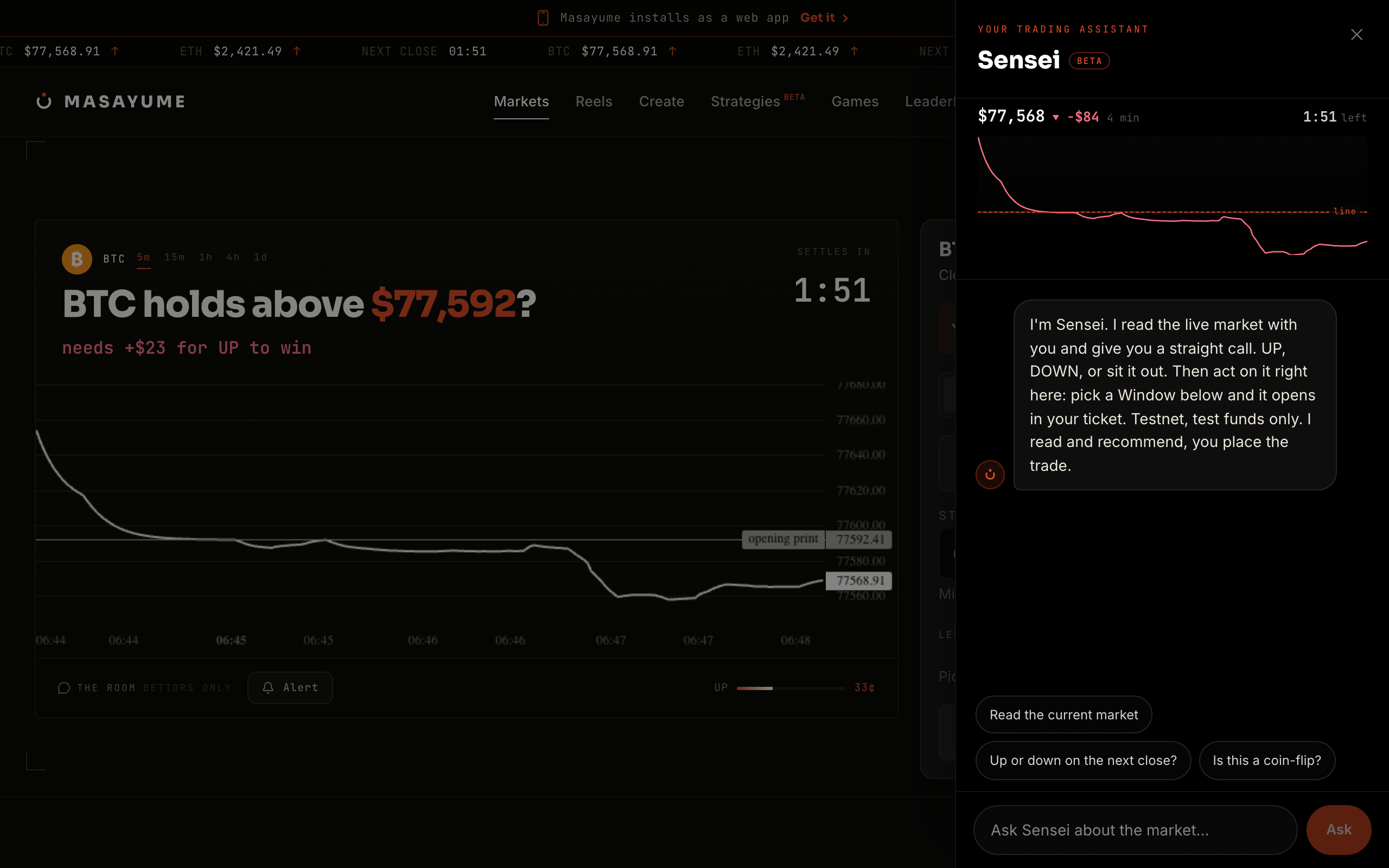 Sensei open over the live market, reading the same stream the page holds